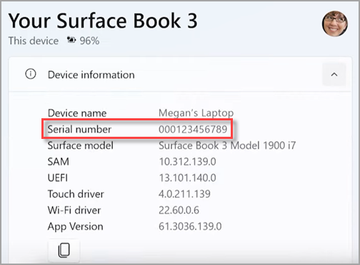 Finding the serial number of your Surface device in the Surface app.