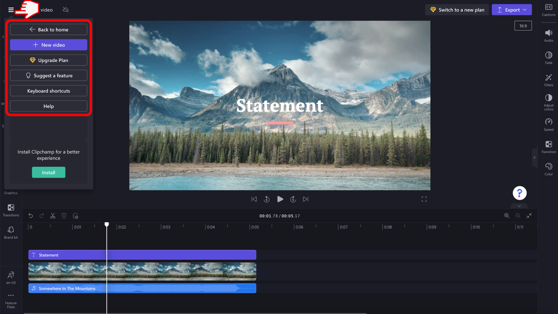 An image of the video editor with the “speed” menu and normal speed selected.