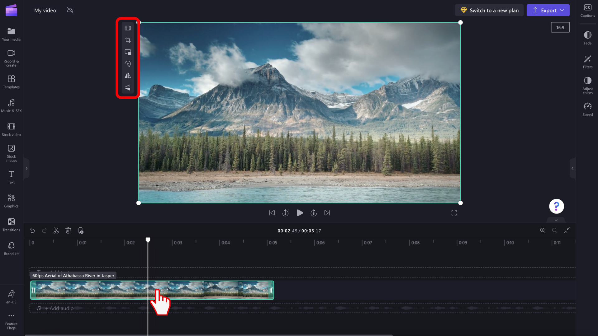 An image of the video editor timeline with the mouse hovering on the “split” button.