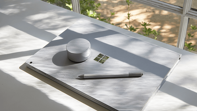 Surface Book, Surface Dial and Surface Pen on a desk