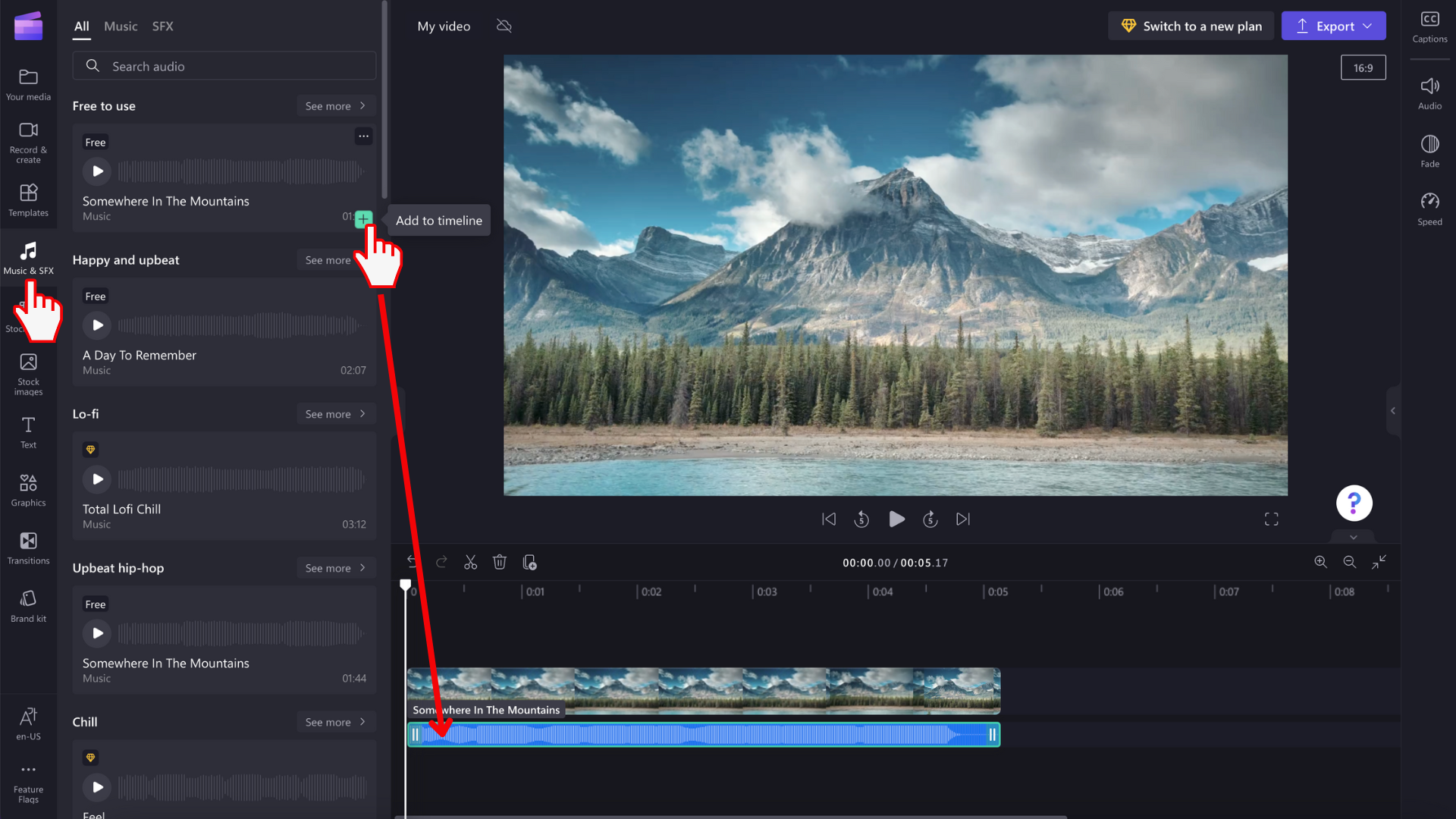 An image of the video editor timeline with a red arrow pointing at the scrubber on the left.
