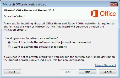 Shows the Microsoft Office Activation Wizard