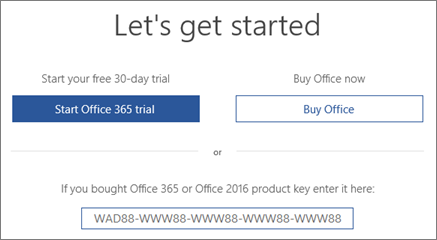 Shows the "Let's get started" screen that indicates an Office 365 trial is included with this device
