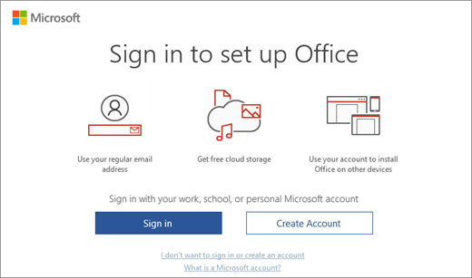 Shows the "Sign in to set up Office" page that might appear after you install Office